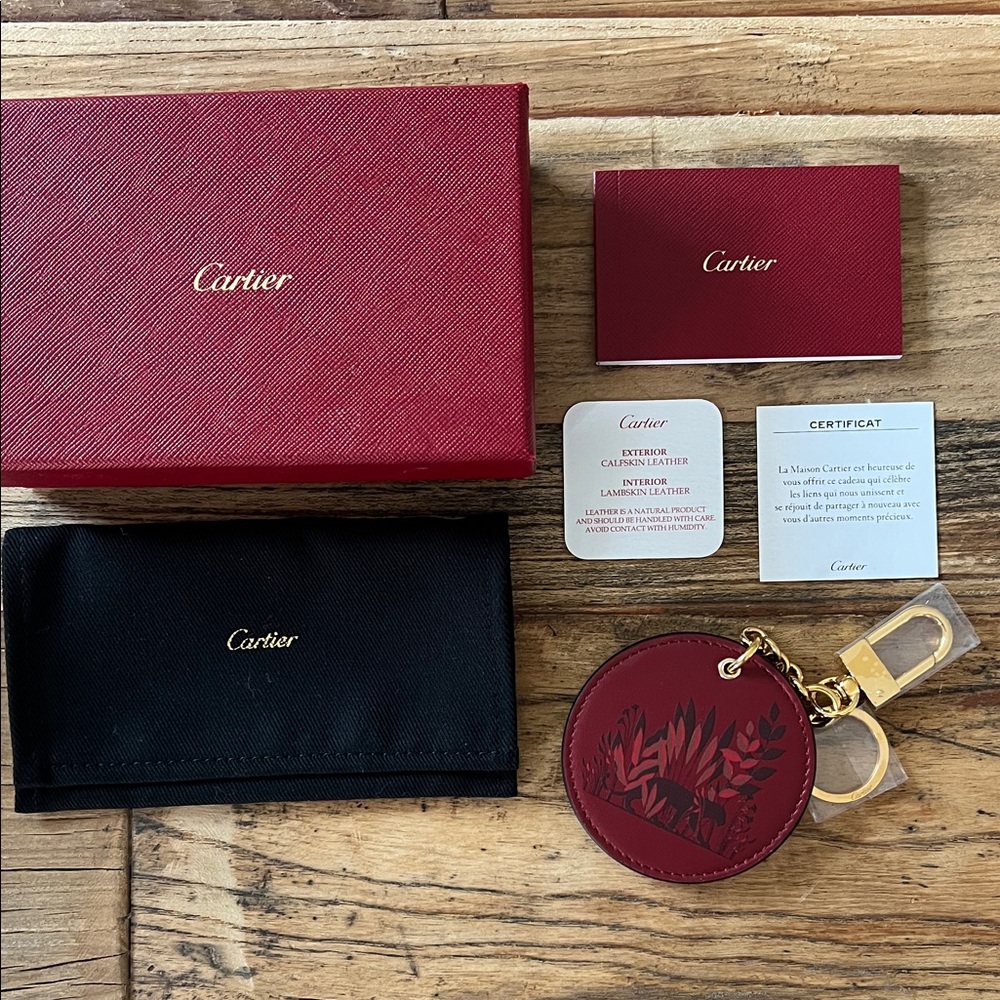 Cartier Panthere Burgundy Leather Keychain with Gold Accents